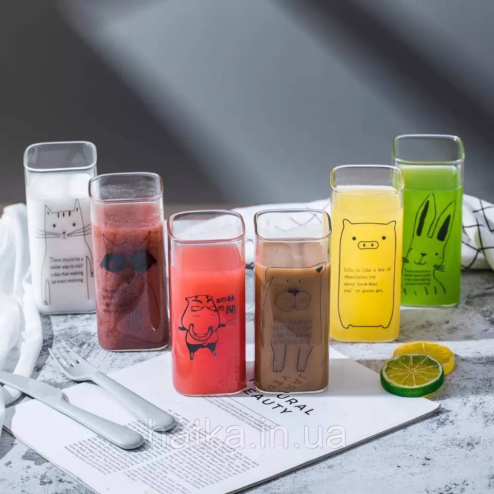 Набір склянок для напоїв 6 шт OLens "HAPPY" 350 мл прозорий із різними малюнками для дому та ресторанів Київ - фото 1