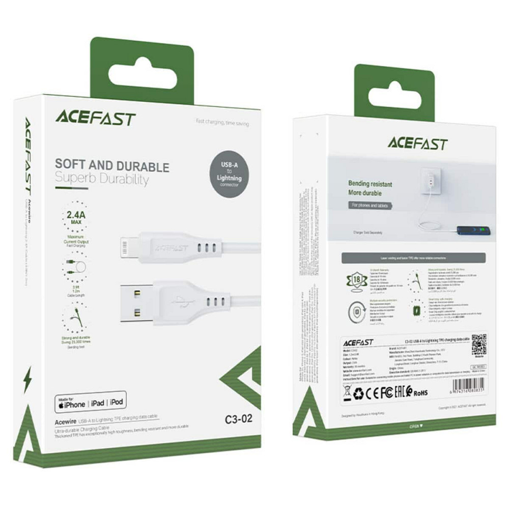 Кабель ACEFAST C3-02 USB to iP 2.4A, 1.2m, TPE, TPE connectors, White (6974316280835) Київ - фото 3