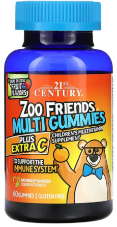 Мультивитамины для детей с витамином C 21st Century Zoo Friends Multi Gummies Plus Extra C 60 жев таб фруктовым Киев