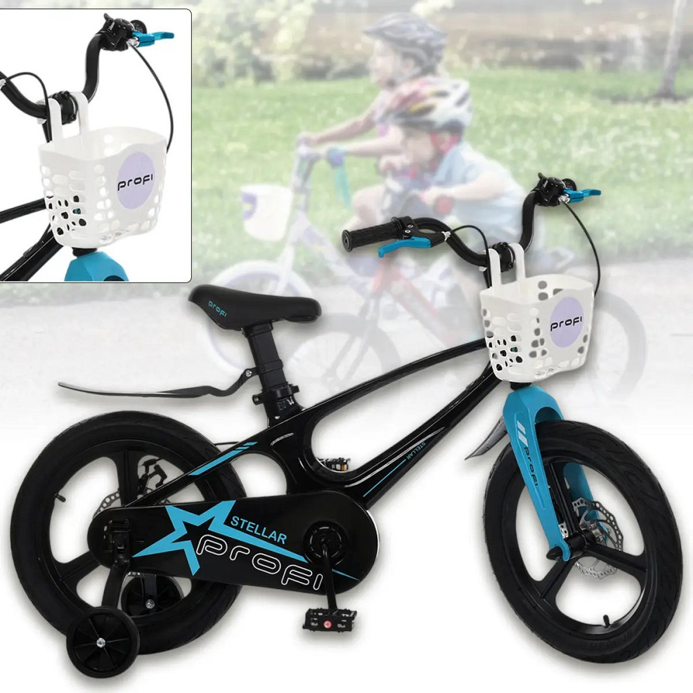 Велосипед дитячий PROFI 14 дюймів STELLAR з бічними колесами магнієва рама та вилка кошик гальма дискові Чорно-блакитний (MB Чернигов - изображение 1
