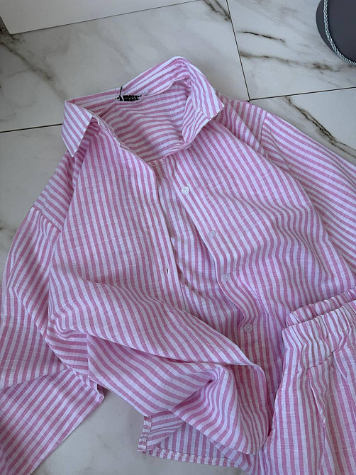 Женский летний полосатый костюм двойка турецкий лён Розовый, 46/48 Одесса - изображение 4