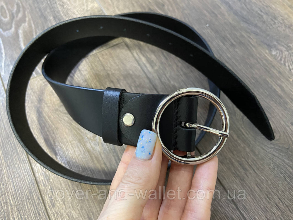Жіночий ремінь з натуральної шкіри з круглою пряжкою чорного кольору 35мм PS Leather Київ - фото 3
