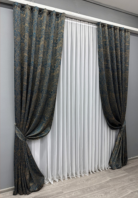 Комплект готових штор VR-Textil Жакард Fantasy № 1634ш Синій з золотистим 100х290 см 2 шт (31-999) Київ - фото 3