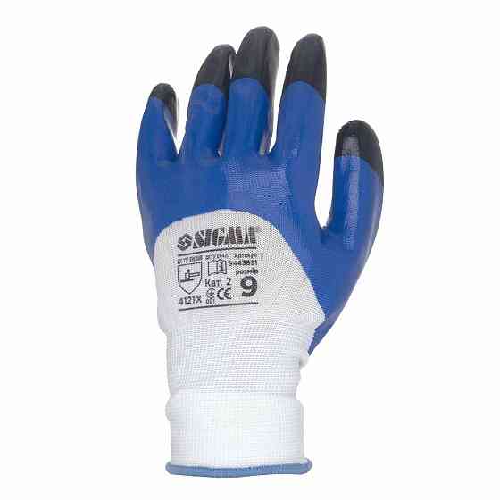 Перчатки трикотажные с частичным нитриловым покрытием усиленные пальцы р9 (сине-черные, манжет) SIGMA (9443631) Киев