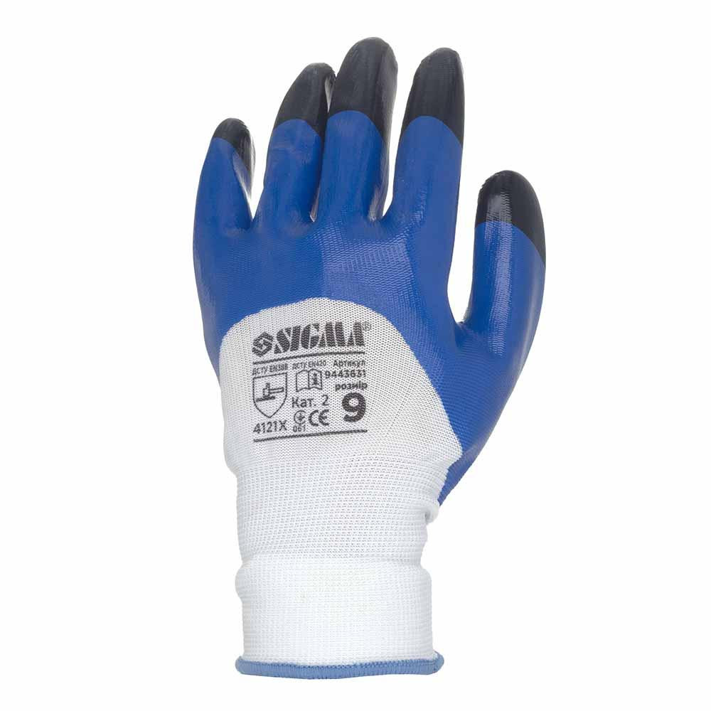 Рукавиці трикотажні з частковим нітриловим покриттям посилені пальці р9 (синьо-чорні, манжет) SIGMA (9443631) Київ - фото 4