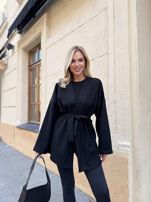 Жіночий теплий базовий кардиган із поясом турецька ангора-в'язка Чорний, 42/44 Одеса - фото 1