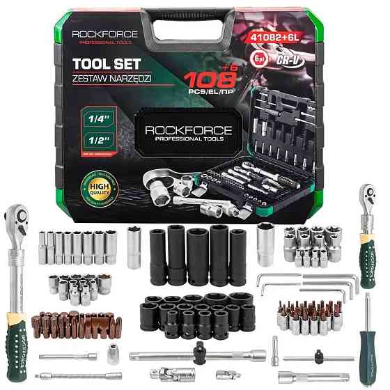 Набір інструментів 108+6пр. 1/4", 1/2" (6гр.) Rockforce RF-41082+6L Одеса