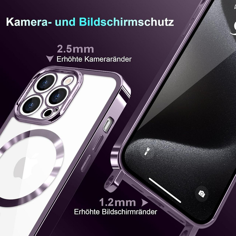 Чехол для iPhone 15 Pro Max с ремешком прозрачный силиконовый магнитный с 2 защитными стеклами фиолетовый Киев - изображение 7