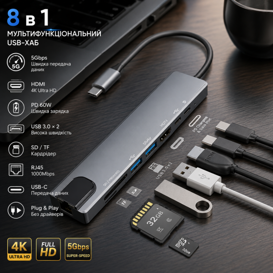 Многофункциональный USB Type-C хаб 8 в 1 с HDMI 4K, PD 87W, RJ45 Ethernet, USB 3.0, USB-C 10Gbps, SD/TF кардридер Киев