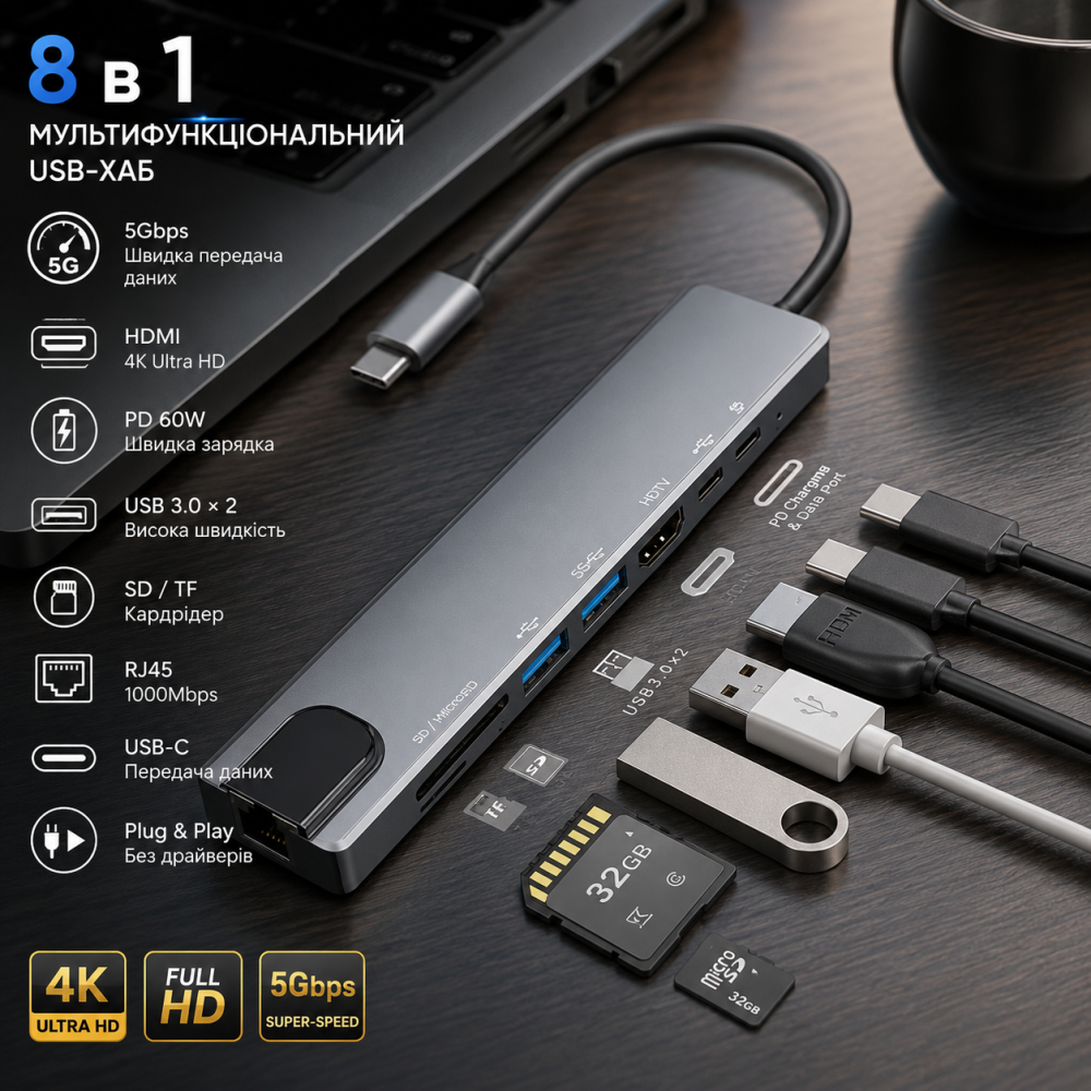 Многофункциональный USB Type-C хаб 8 в 1 с HDMI 4K, PD 87W, RJ45 Ethernet, USB 3.0, USB-C 10Gbps, SD/TF кардридер Киев - изображение 1