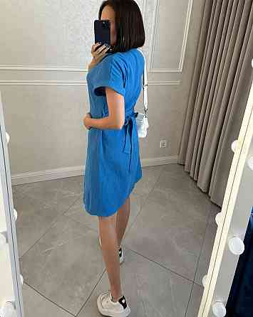 Женское легкое базовое платье халат с поясом на пуговицах турецкий натуральный хлопок - муслин 42/46, Синий Одесса