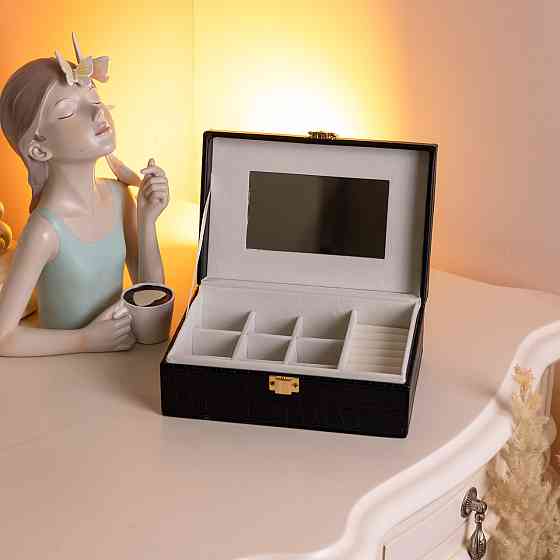 Скринька для прикрас з еко шкіри 10 відділень з дзеркалом 20×14×8 см Чорний HP-5-19B Київ