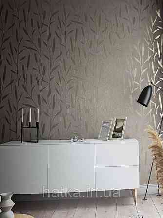 Шпалери вінілові на флізеліні Marburg 0.53х10 Giulia листя гілки очерет срібні на світло-сірому однотоні Київ