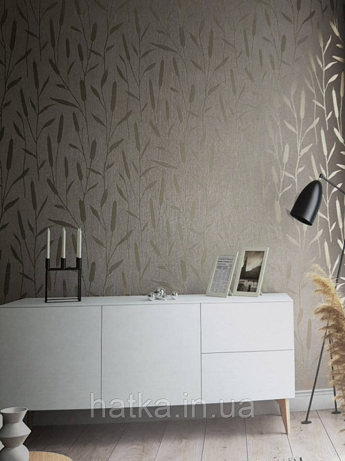 Шпалери вінілові на флізеліні Marburg 0.53х10 Giulia листя гілки очерет срібні на світло-сірому однотоні Київ - фото 1