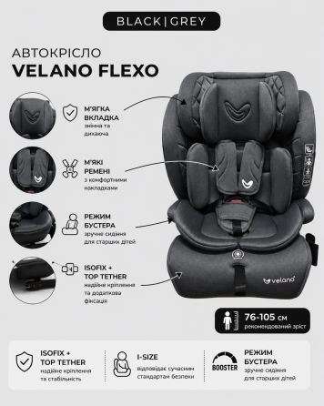 Автокрісло VELANO Flexo i-Size 76–150 см, ISOFIX + Top Tether/ремінь, grey Київ