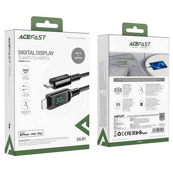 Кабель Type-C - Lightning ACEFAST C6-01 Type-C 3A 30W 1.2m нейлон zinc конектори колір чорний AFC6-01B Одеса