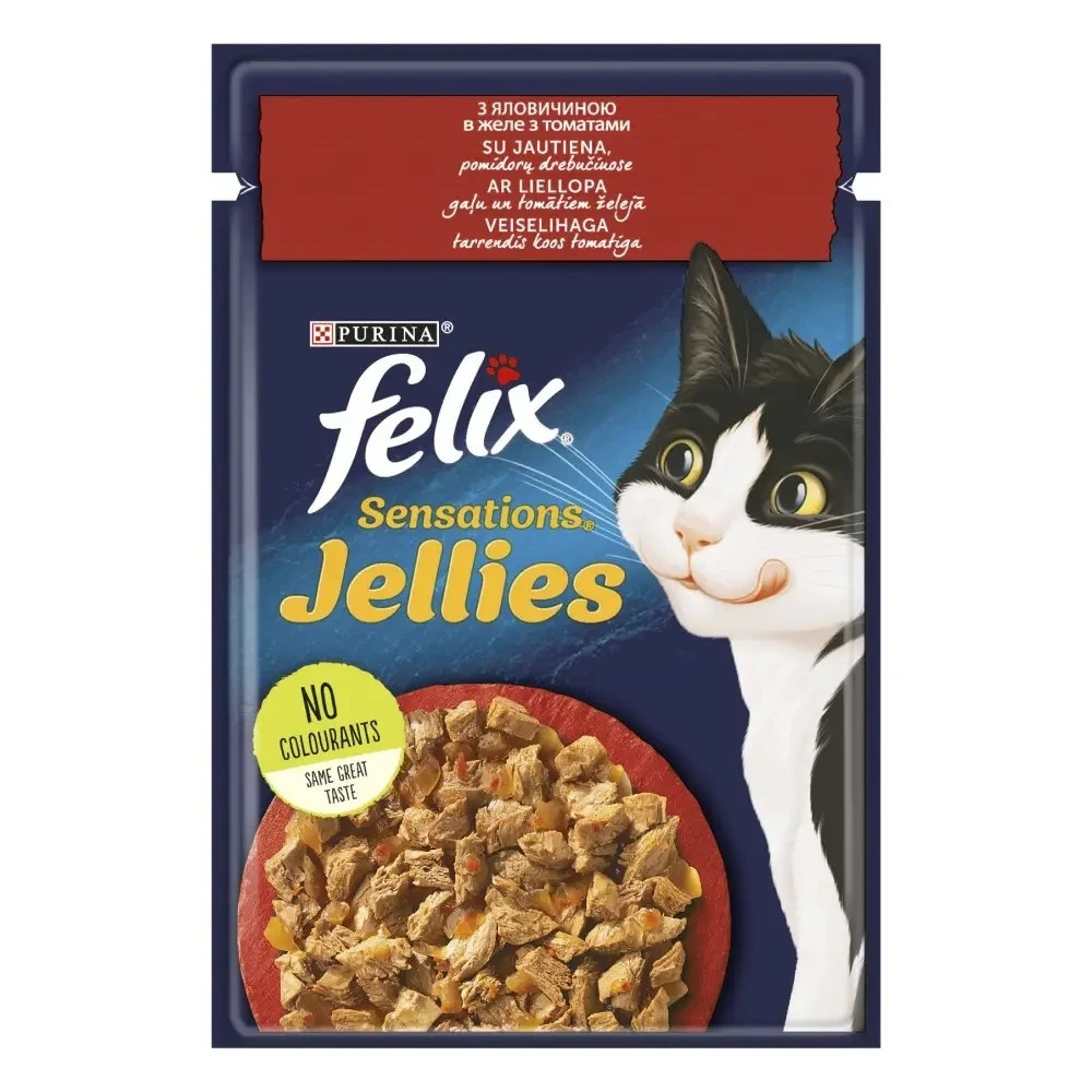 Влажный корм FELIX Sensations Jellies для взрослых кошек, кусочки в желе, с говядиной и томатами, 85 г Киев - изображение 1