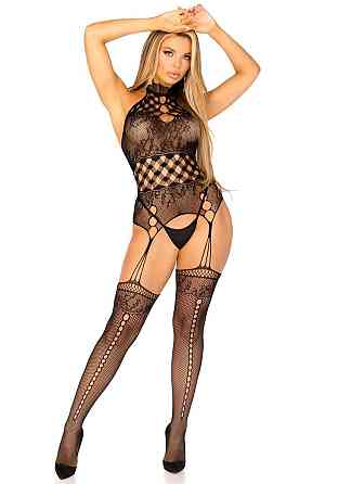 Мереживний бодістокінг з відкритим доступом Leg Avenue High neck lace bodystocking One size Black Sex Aura Київ