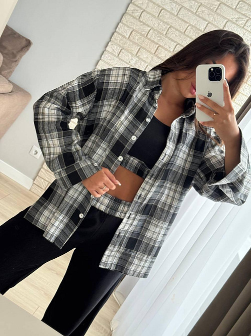 Жіночий прогулянковий костюм-трійка: сорочка в клітинку топ і штани фланель + двонитка Сірий, 46/48 Одеса - фото 1