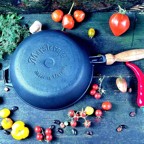 Сковорідка d28*6cм скляна кришка з дерев'яною ручкою чавунна лита Т306С3Ук Майстерня Житомир - изображение 3