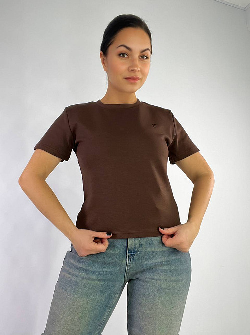 Футболка жіноча A-N 25197 вишивка літера F однотонна базова середня довжина one size, коричневий, one size Київ - фото 15