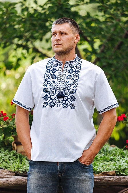 Вышиванка льняная, мужская, белая, короткий рукав, лен,  топ Киев - изображение 1