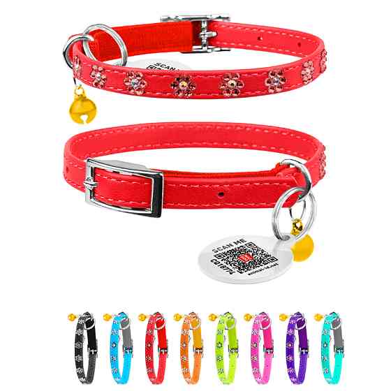 Нашийник WAUCAT Glamour з резинкою, клейовими стразами "Квітка" для котів (ширина 9мм, довжина Коломыя