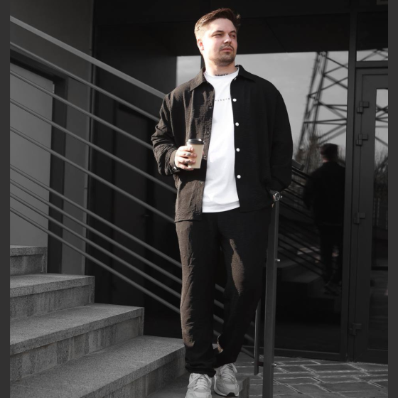 Чоловічий літній костюм Casual сорочка і штани Оверсайз жатка весна літо SANE чорний Одеса