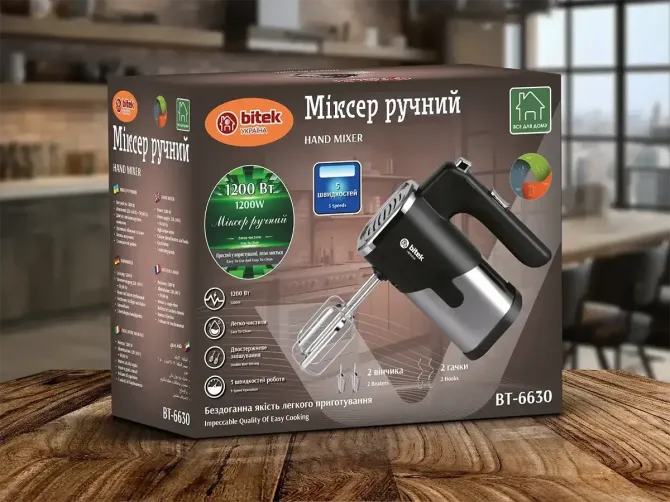 Миксер ручной 1200Вт BITEK BT-6630 5 скоростей, 4 насадки для взбивания и замеса теста, пластиковый  Киев - изображение 1