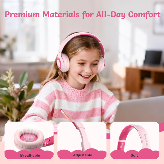 Бездротові навушники TONOSHARK Kids HB03N, Bluetooth 5.3, 60 годин, ANC, 32 Ом, 3,5 мм, чохол, рожеві Київ
