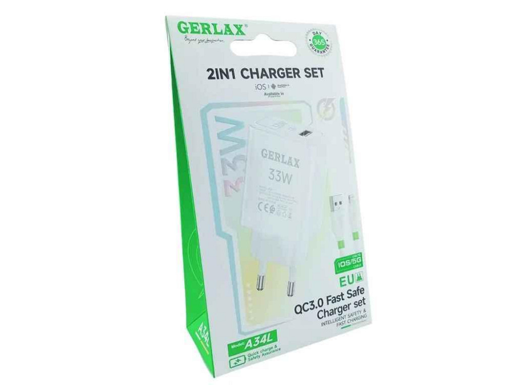 Мережевий зарядний пристрій microUSB A34V 3A/USB/33W/QC3.0 білий 1м ТМ GERLAX Київ - фото 1