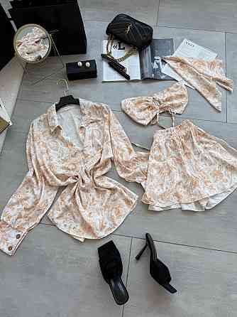 Жіночий літній принтований костюм четверка: хустка, кроп-топ, сорочка та шорти штапель/софт Беж Одеса