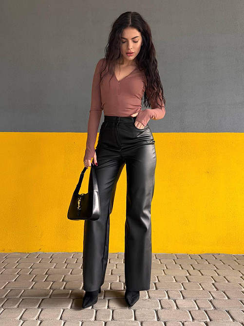 Женские стильные повседневные брюки с эко кожи на флисе. Одесса - изображение 1