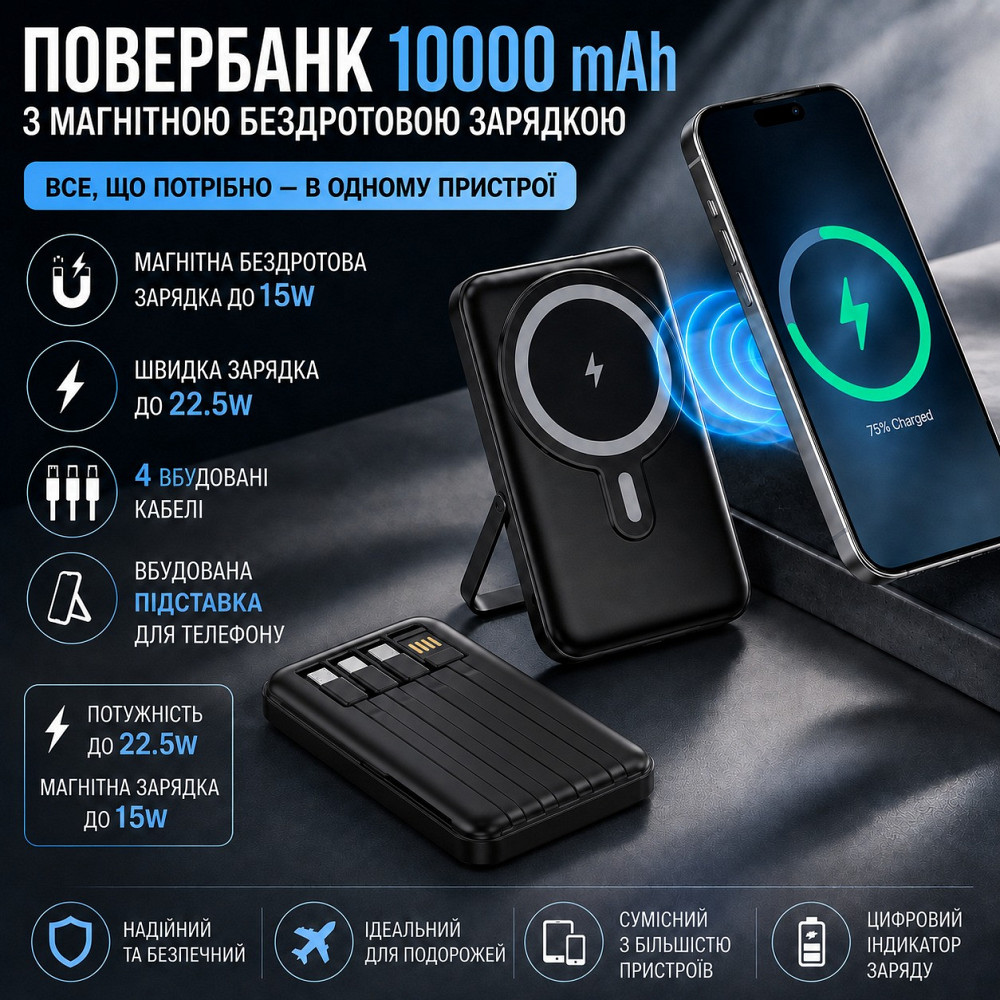 Повербанк беспроводной 10000 mAh с магнитной зарядкой 15W, быстрой зарядкой 22.5W, встроенными кабелями и подставкой Black Каменец-Подольский - изображение 1