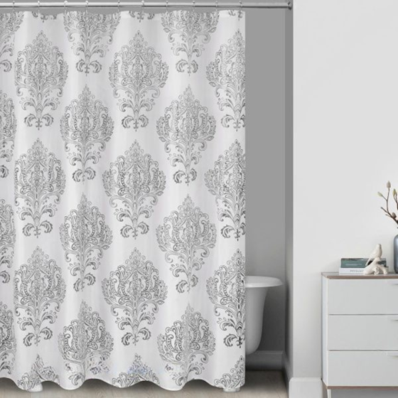 Шторка для ванной и душа 180x180 см,занавеска для ванной комнаты с крючками,белая с серебристым узором Каменец-Подольский