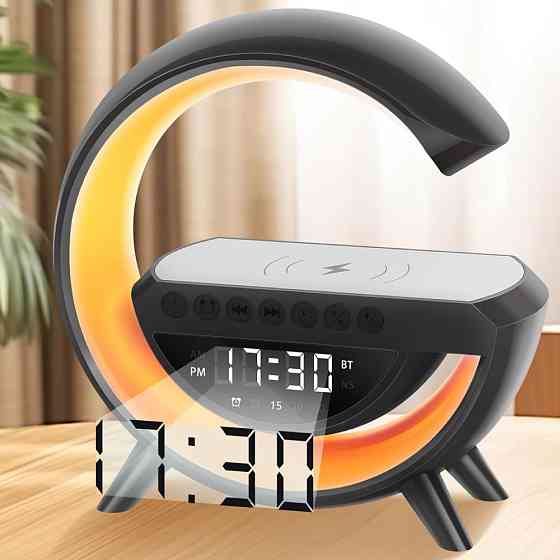 Лампа-нічник BT-3401, з бездротовою зарядкою, Чорний/Настільна лампа з колонкою та будильником Київ