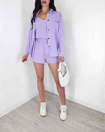 Жіночий легкий костюм-трійка: сорочка, майка та шорти креп жатка Фіолетовий, 44/46 Одеса