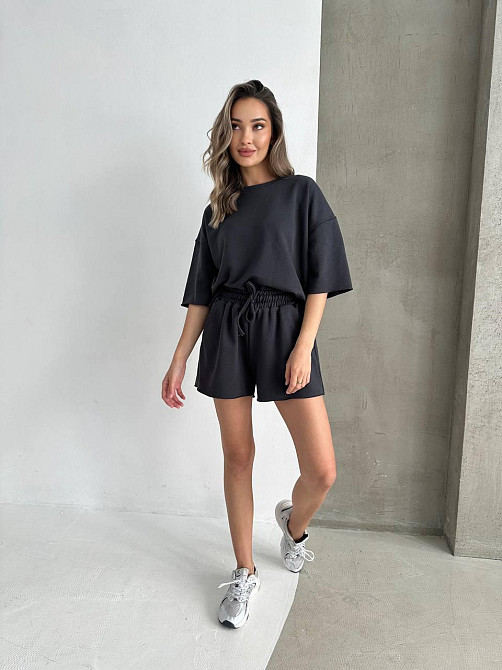 Жіночий повсякденний прогулянковий костюм-двійка: футболка та шорти турецька петля пеньє 100% бавовна Графітова, 42/44 Одеса - фото 4