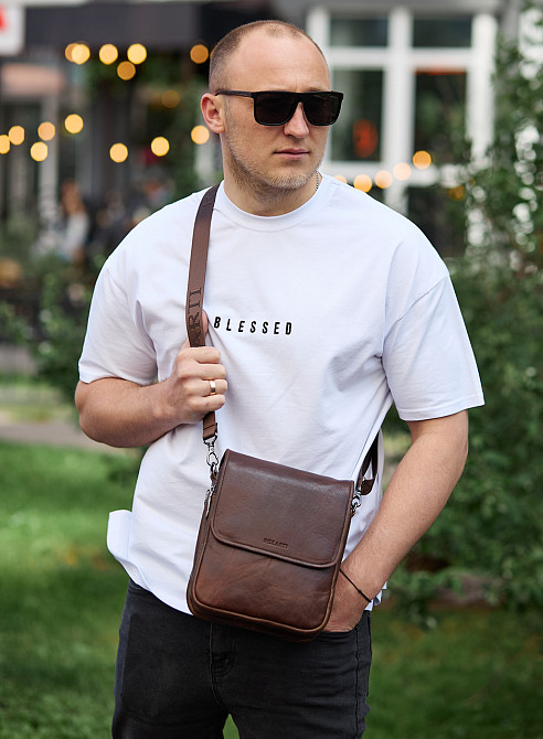 Мужская барсетка Tiding Bag с клапаном через плечо (24 х 20 х 6 см) с гладкой кожи (Коричневый) Винница - изображение 18
