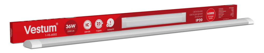 Світлодіодний лінійний світильник Vestum 1,2м 36W 6500K 220V IP20 Vestum 1-VS-6002 Днепр - изображение 1