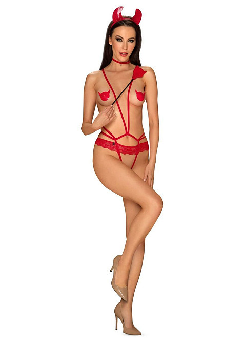 (SALE) Эротический костюм чертика из стреп Obsessive Evilia teddy red L/XL, боди, чокер, накладки на соски, Sex Aura Киев - изображение 3