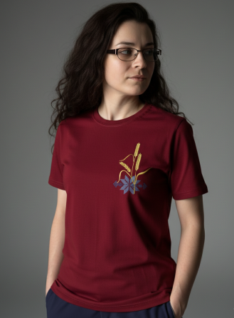 Женская насыщенная вышитая футболка вышиванка бордовая с голубым орнаментом в колосках Киев