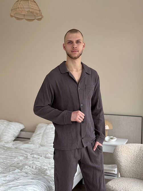 Чоловічий домашній костюм з муслінової тканини на ґудзиках Коричневий XL-2XL Харків - фото 4