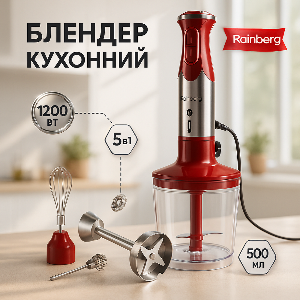 Блендер 5в1 Rainberg RB-2307 многофункциональный погружной и стационарный Red HE-42 Львов - изображение 11