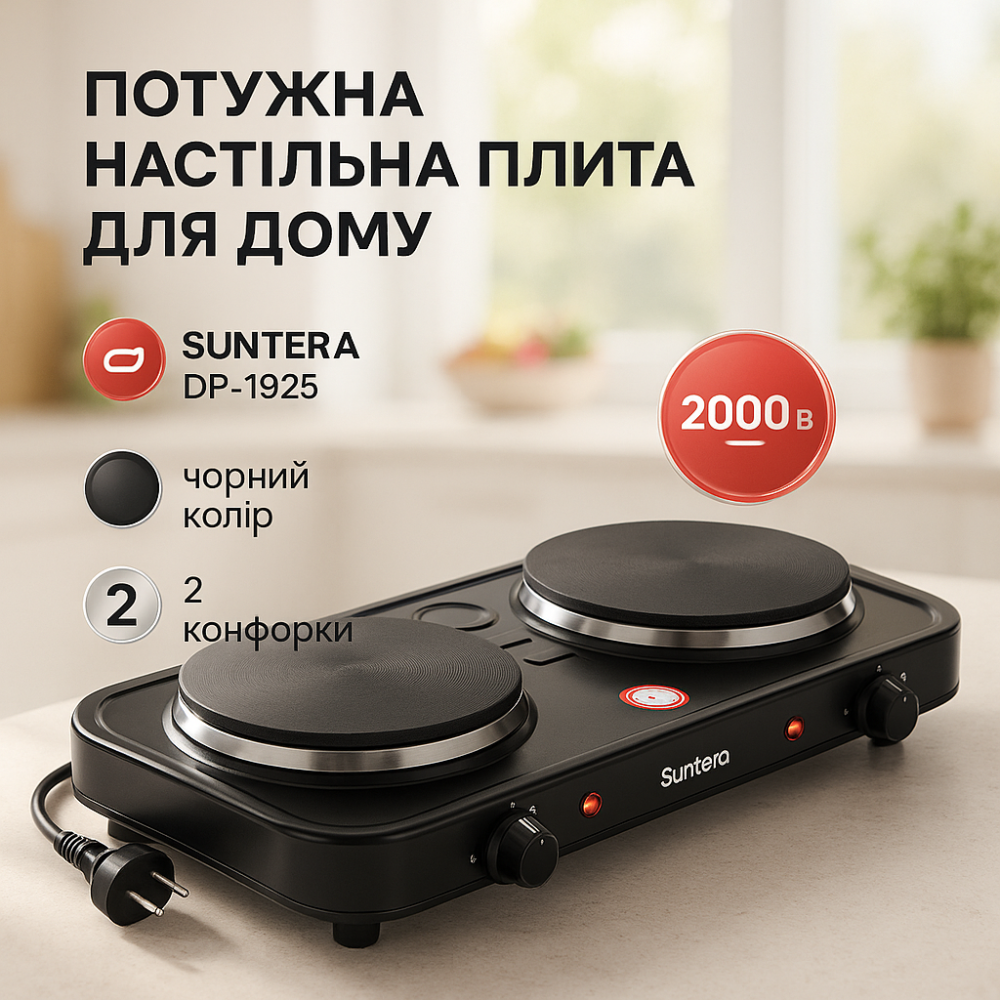 Плити настільні для кухні переносні Suntera, Двоконфорочна дискова електроплита, Надійна кухонна плита AK-82 Львів - фото 8