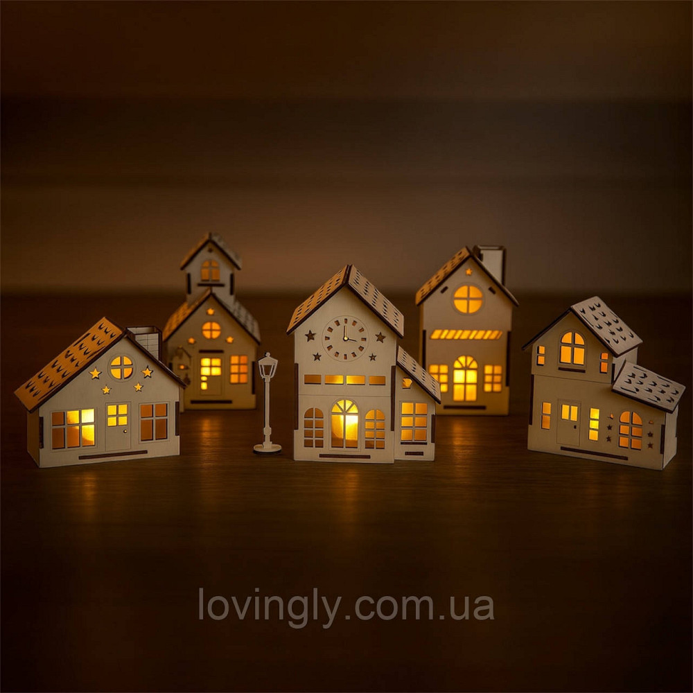 Різдвяні будиночки з підсвіткою — новорічний декор з дерева, комплект 5 шт. Ірпінь - фото 5