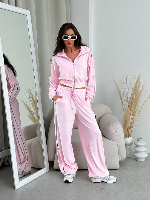 Женский повседневный велюровый костюм двойка: кофта и брюки Розовый, 42/46 Одесса - изображение 1