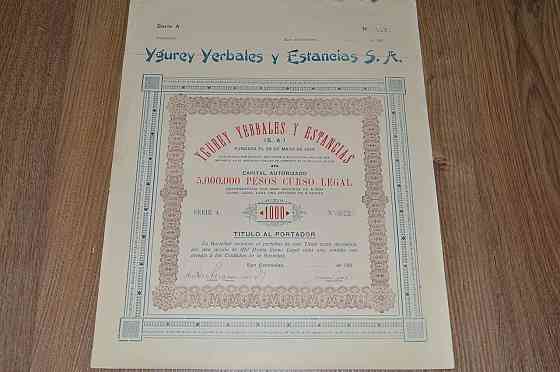 Акція. Ygurey Yerbales y Estancias S. A. 1926 рік №842 (29)38*30 Полтава