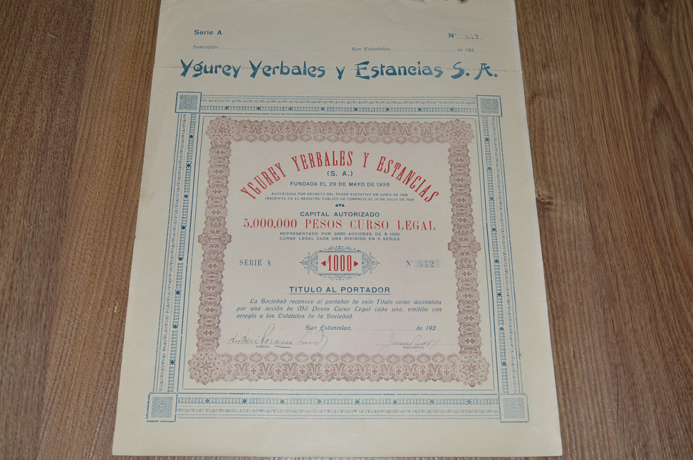 Акція. Ygurey Yerbales y Estancias S. A. 1926 рік №842 (29)38*30 Полтава - фото 1