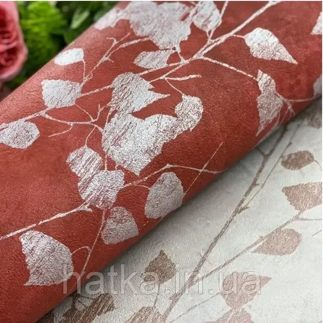 Обои виниловые на флизелине Rasch Clasik 0,53х10 листья ветки серебристые на бордовом Киев - изображение 3